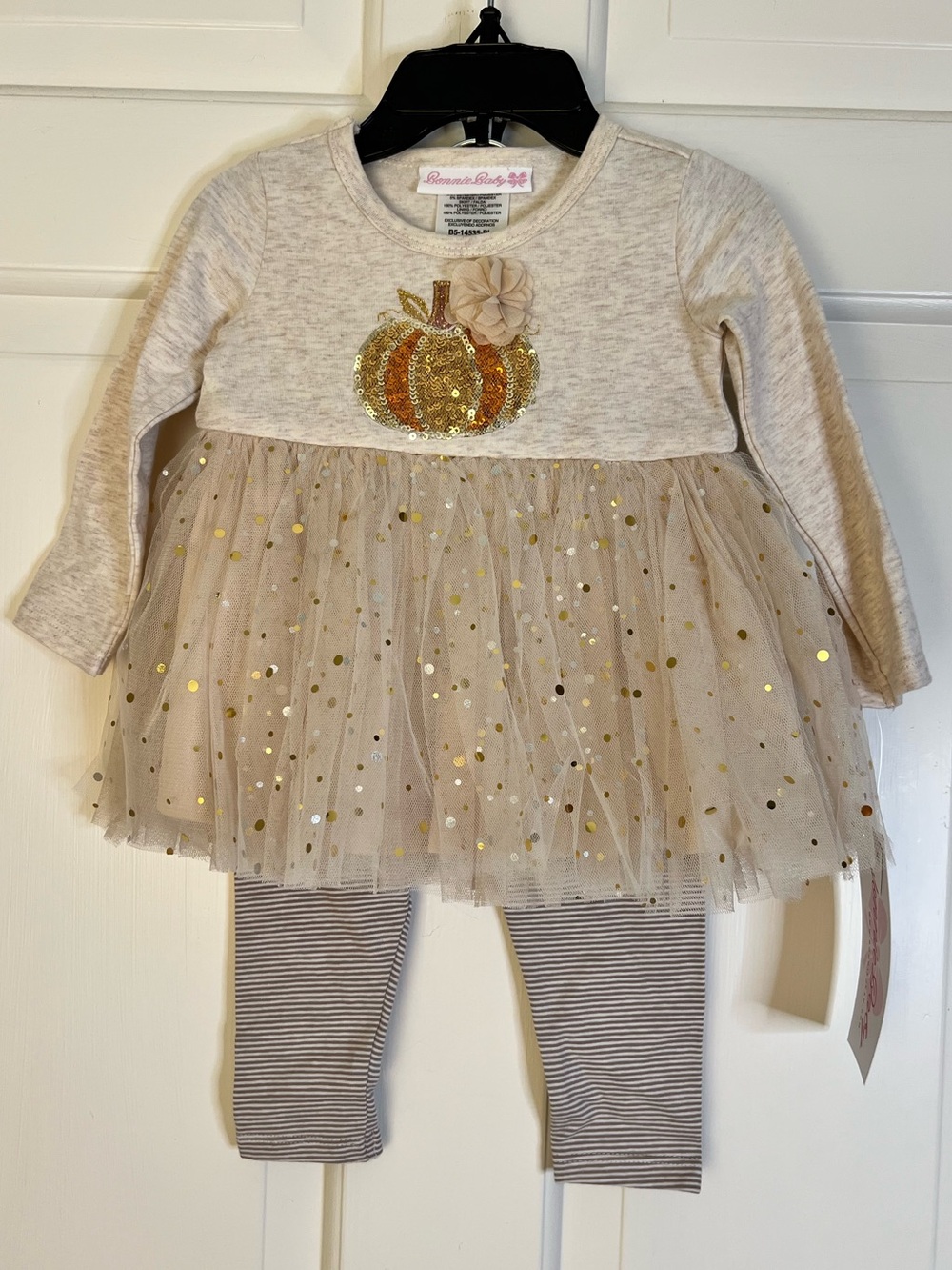 Bonnie Baby Cream and Gold Pumpkin Tulle Dress & Striped Leggings Set 3-6 month